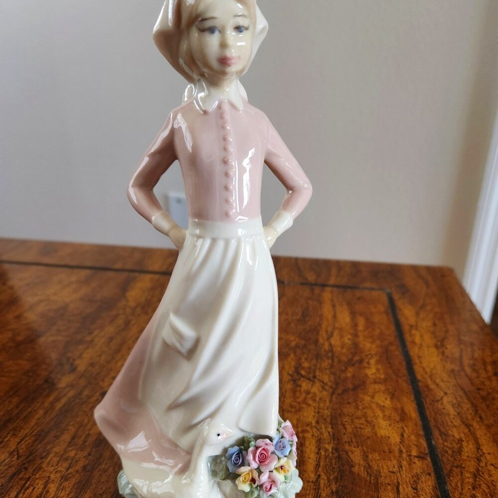 Bryon Molds Porcelain Farm Girl with Intricate Roses and Goose